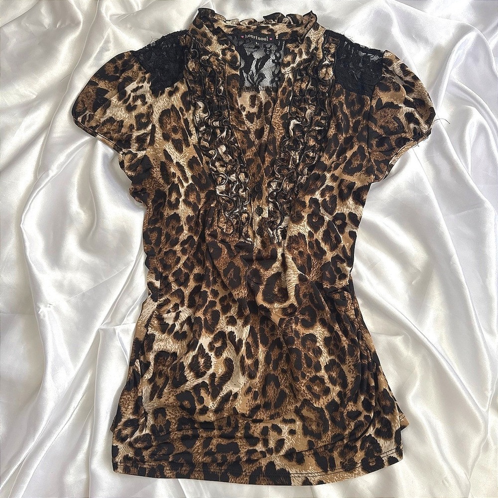 Heartsoul Leopard Print Ruffle Lace Accent Blouse Brown Black Short Sleeve Large